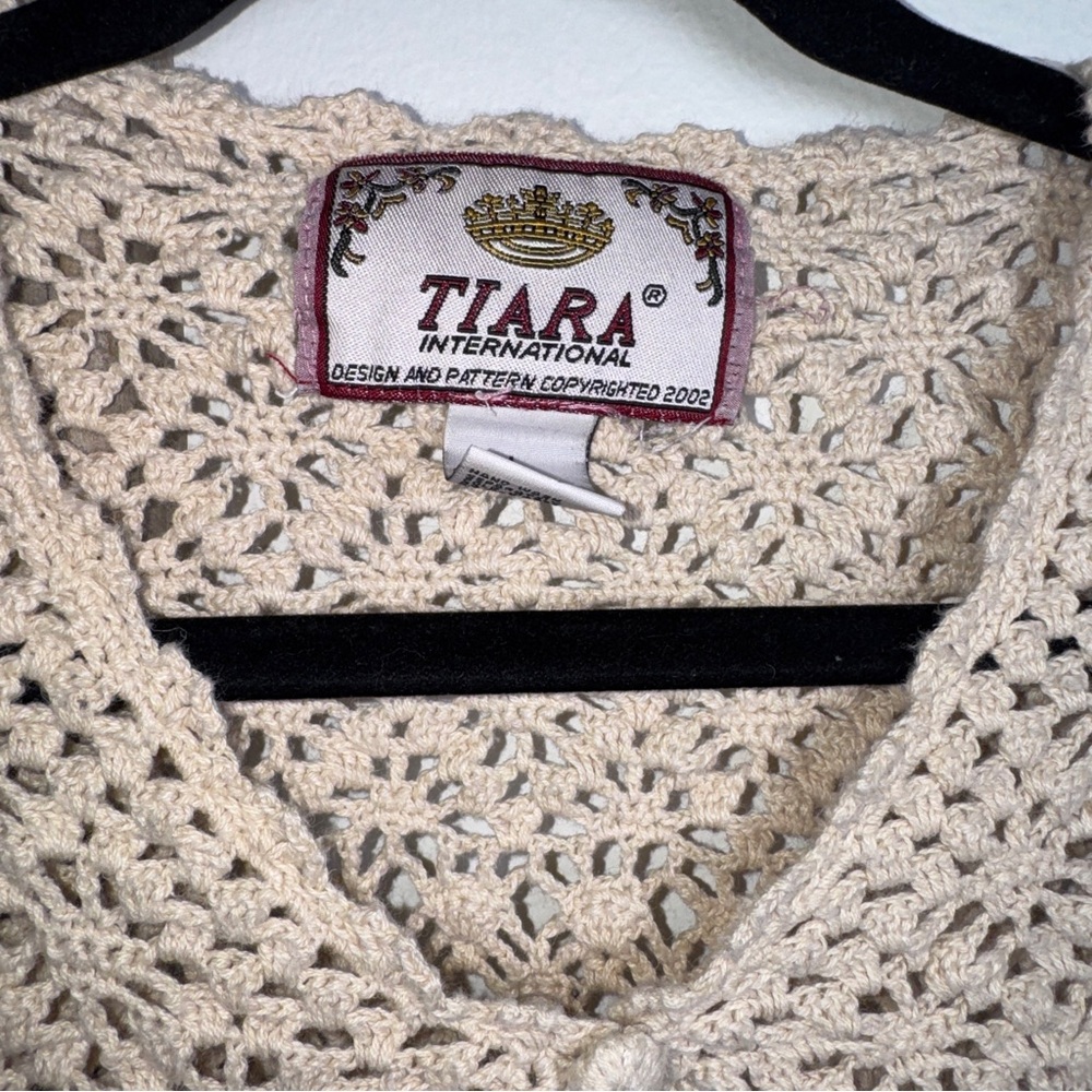 Tiara International Y2K Crochet Cardigan Size Large Cream Boho Open Knit Sweater - Picture 4 of 5